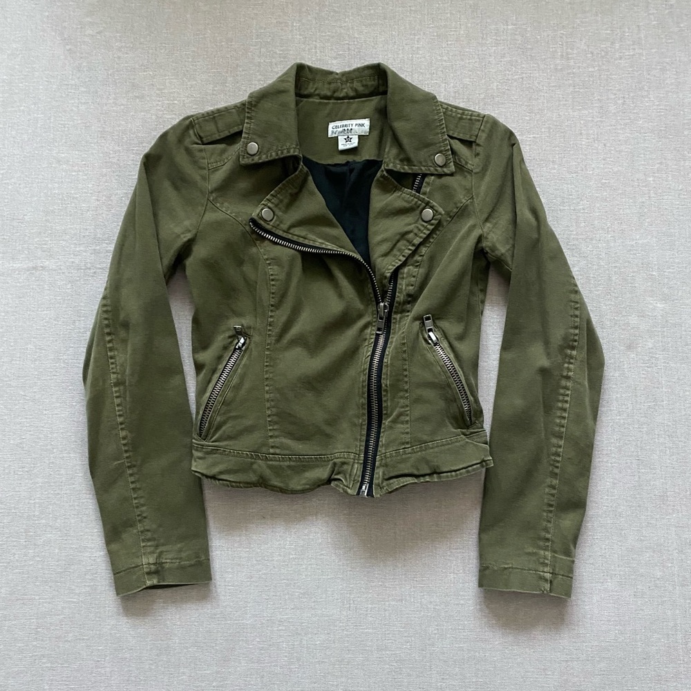 Celebrity Pink army green moto jacket.